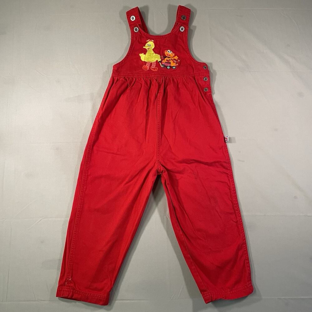 Rare Vintage Sesame Street 4T Red Overalls Big Bird Zoe Embroidered Wagon